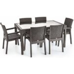 Violet Rattan Masa Takımı 80x140 Camlı Masa 6 Kişilik Sandalye Seti Bahçe Balkon Teras Takımı