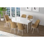 Zen Serisi Mdf Açılabilir Mutfak Masası Takımı-Yemek Masası Takımı Beyaz Masa+6 Sandalye