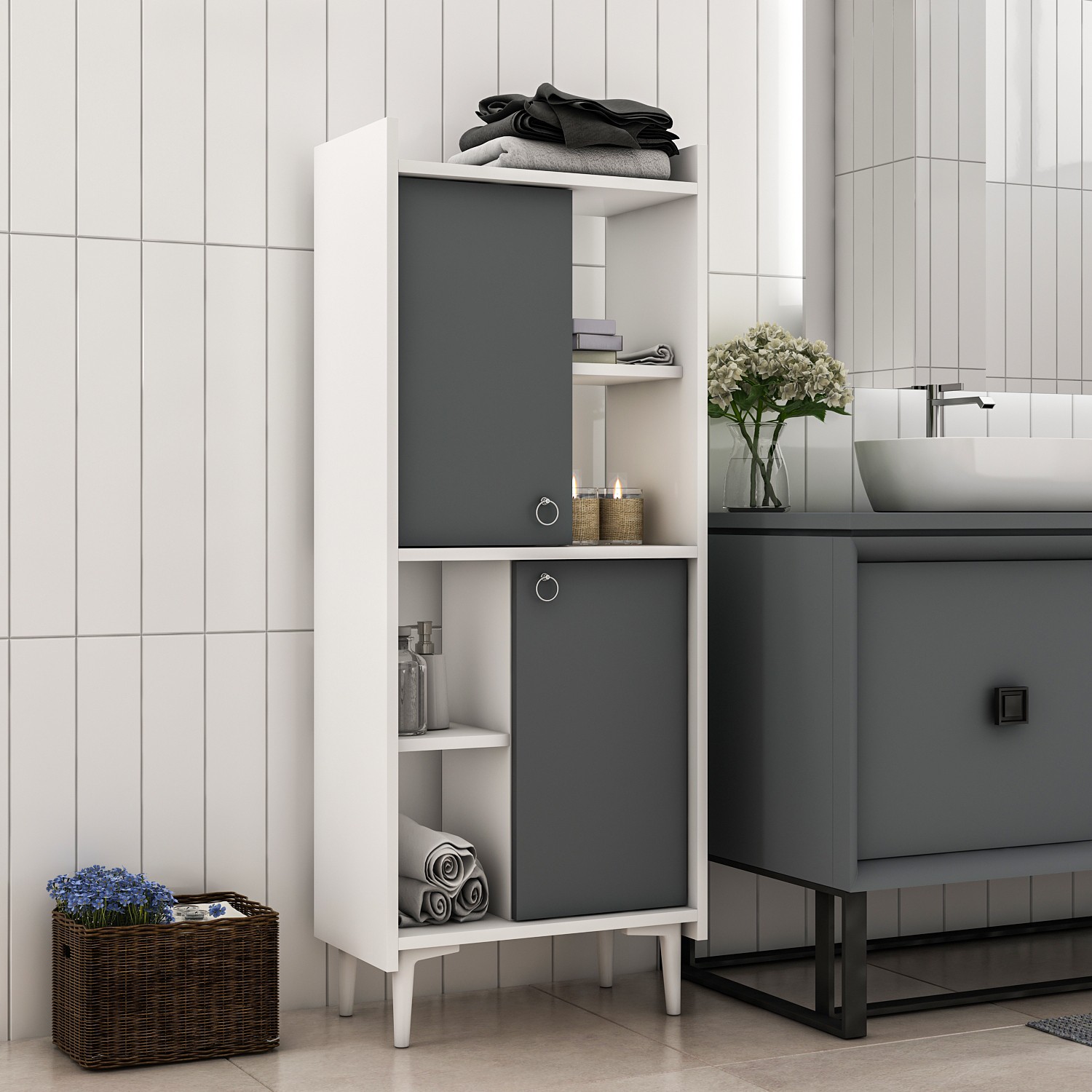 110000018947803.jpg Cantek Dizayn Leeds Banyo Dolabı ve Çok Amaçlı Dolap Beyaz-Antrasit - Görsel 1