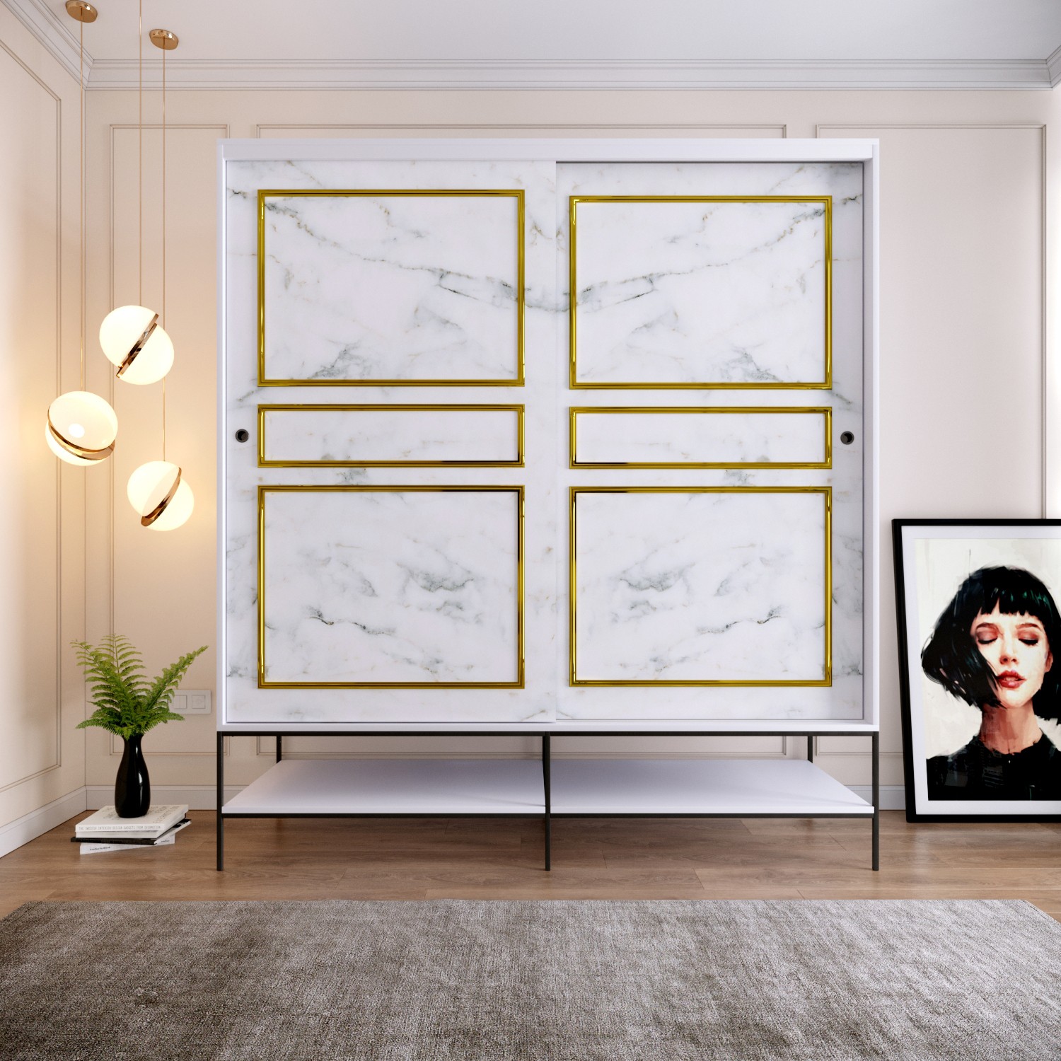 110000069573862.jpg Pasific Home Martin 2 Kapaklı Sürgülü Gardırop Elbise Dolabı,190 cm, Beyaz & Beyaz Mermer - Görsel 1