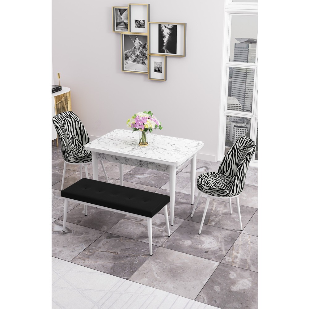 110000100188361.jpg Canisa Concept Nil Serisi, Benchli Yemek Masası Takımı, Beyaz Mermer Desenli Sabit Masa - Görsel 1