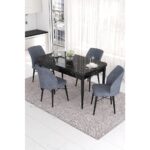 Canisa Concept Eva Serisi, 80X132  Açılabilir Mdf Mutfak Masa Takımı, Siyah Mermer Desen Masa , 4 Sandalye