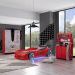 Setay Sports Çocuk Odası Takımı, Kırmızı - Jaguar Arabalı Yatak - Dolap - Şifonyer