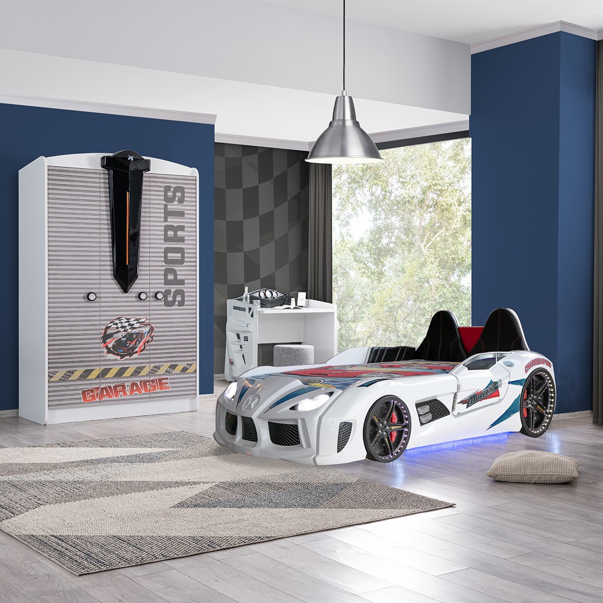 110000119348275.jpg Setay Sports Çocuk Odası Takımı, Beyaz - Audi Arabalı Yatak - Dolap - Masa - Görsel 1