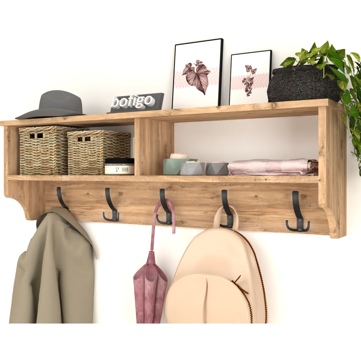 110000139808161.jpg Bofigo Portmanto Duvar Askılığı Elbise Askılığı Raflı Duvar Askılığı Çam 120 cm - Görsel 1