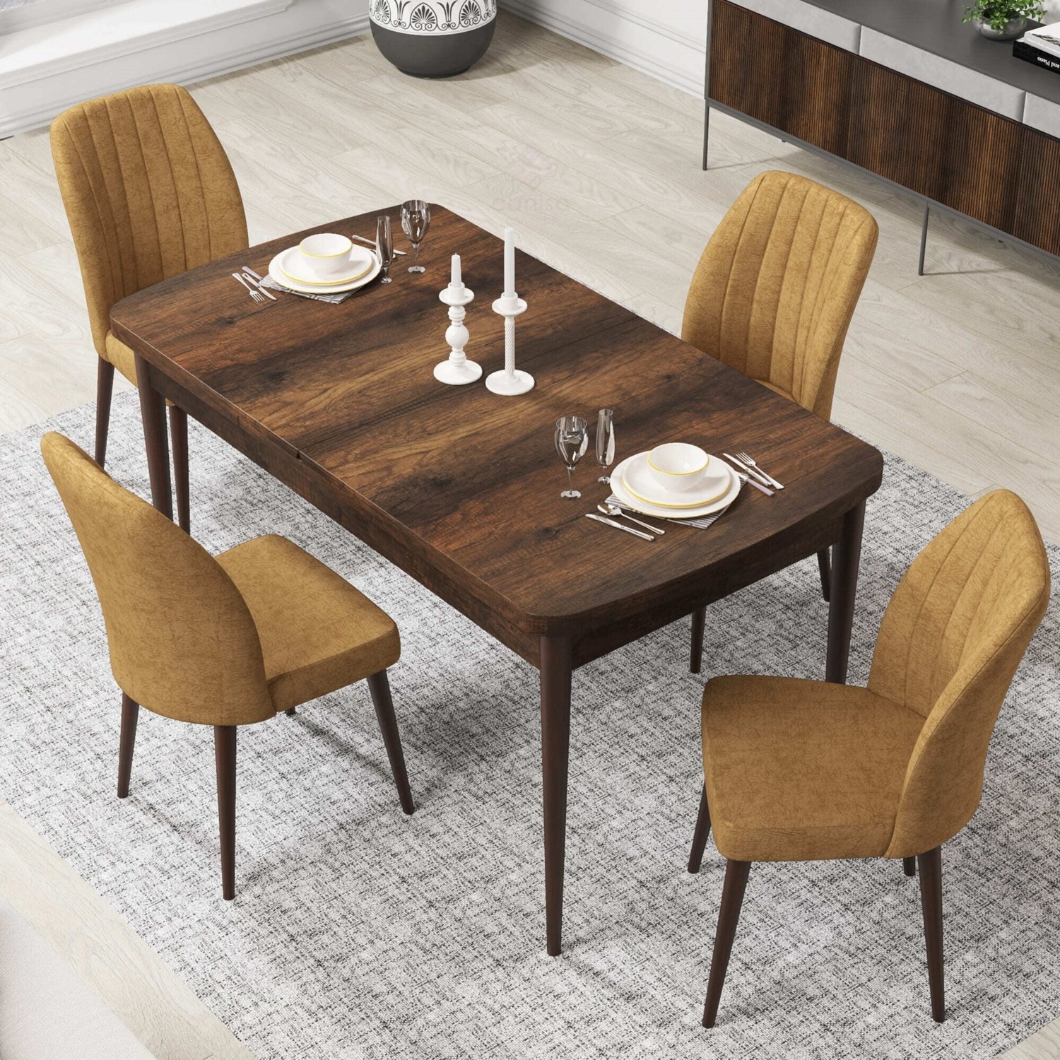 110000171010961.jpg Canisa Concept Par Serisi 70X114, Açılabilir Mdf Mutfak Masa Takımı, Barok Ahşap Desen Masa ve 4 Sandalye - Görsel 1