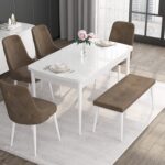 Canisa Concept Noa Serisi, 80X132 Açılabilir Benchli Mdf Beyaz Mutfak Masa Takımı, 4 Sandalye 1 Bench