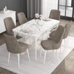 Canisa Concept Noa Serisi, 80X132 Açılabilir Mdf Masa, Beyaz Mermer Desen Mutfak Masa Takımı, 6 Sandalye