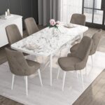 Canisa Concept Noa Serisi, 80X132 Açılabilir Mdf Masa, Beyaz Mermer Desen Mutfak Masa Takımı, 6 Sandalye - Görsel 2