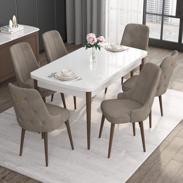 Canisa Concept Noa Serisi, 80X132 Açılabilir Mdf Masa, Beyaz Masa Ceviz Ayak Masa Takımı, 6 Sandalye