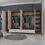 Rani F4 Geniş Gardırop Elbise Dolabı 6 Kapaklı 2 Çekmeceli 12 Raflı 2 Askılı Tek Modül Minyatür Ceviz - Beyaz - Görsel 2