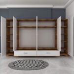 Rani F4 Geniş Gardırop Elbise Dolabı 6 Kapaklı 2 Çekmeceli 12 Raflı 2 Askılı Tek Modül Minyatür Ceviz - Beyaz - Görsel 4