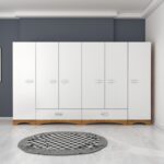 Rani F4 Geniş Gardırop Elbise Dolabı 6 Kapaklı 2 Çekmeceli 12 Raflı 2 Askılı Tek Modül Minyatür Ceviz - Beyaz - Görsel 5