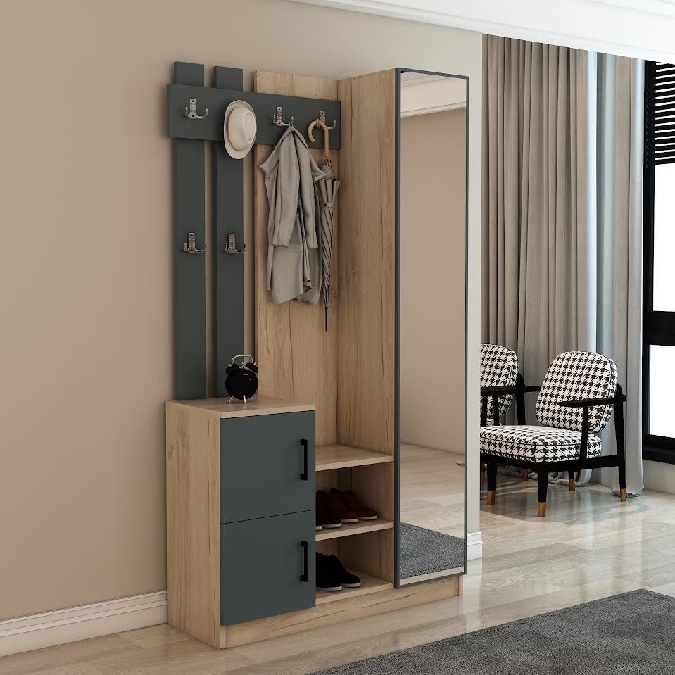 110000189635281.jpg Afilli Nova Kapaklı Aynalı Portmanto Vestiyer Tamamı Mdflam Flora Antrasit - Görsel 1