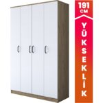 Rani BA116 Geniş Gardırop Elbise Dolabı 4 Kapaklı 14 Raflı 2 Askılı Sepet Ceviz - Beyaz