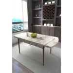 Renlife Yemek Masası Mutfak Masası Ahşap Ayaklı Masa Oval Açılır Masa (Beyaz Mermer)