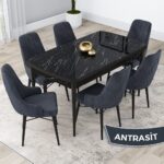 Canisa Concept Lia Serisi, 80X132 Açılabilir  Mutfak Masa Takımı, Siyah Mermer Desen Masa 6 Sandalye