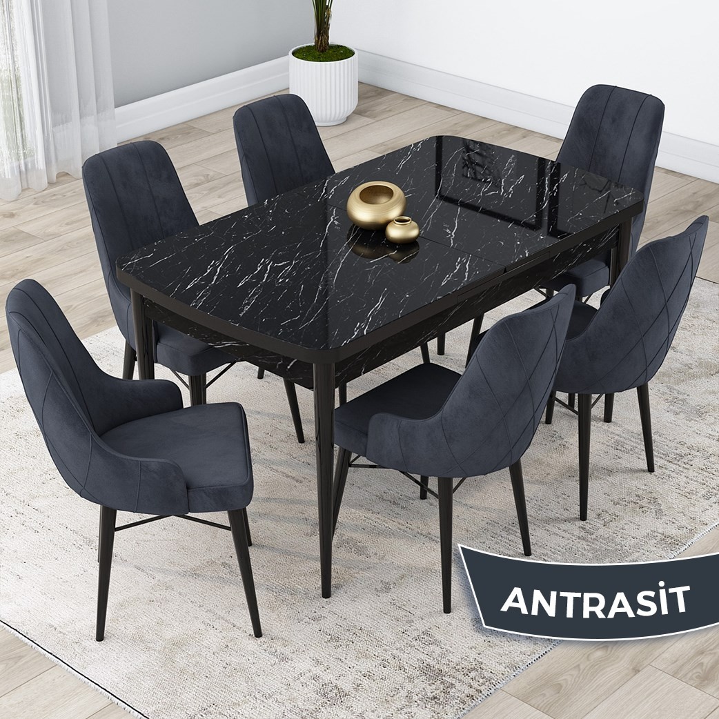 110000233295546.jpg Canisa Concept Lia Serisi, 80X132 Açılabilir Mutfak Masa Takımı, Siyah Mermer Desen Masa 6 Sandalye - Görsel 1