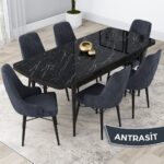 Canisa Concept Lia Serisi, 80X132 Açılabilir  Mutfak Masa Takımı, Siyah Mermer Desen Masa 6 Sandalye - Görsel 2
