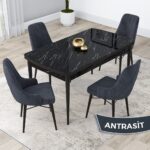 Canisa Concept Lia Serisi, 80X132 Açılabilir  Mutfak Masa Takımı, Siyah Mermer Desen Masa 4 Sandalye - Görsel 6