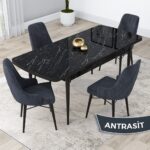 Canisa Concept Lia Serisi, 80X132 Açılabilir  Mutfak Masa Takımı, Siyah Mermer Desen Masa 4 Sandalye - Görsel 2