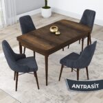 Lia Serisi, 80X132 Açılabilir Mutfak Masa Takımı, Barok Ahşap Desen Masa 4 Sandalye