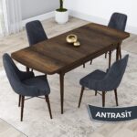 Lia Serisi, 80X132 Açılabilir Mutfak Masa Takımı, Barok Ahşap Desen Masa 4 Sandalye - Görsel 2