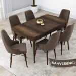 Canisa Concept Lia Serisi,80 x 132 cm Açılabilir Mutfak Masa Takımı, Barok Ahşap Desen Masa 6 Sandalye