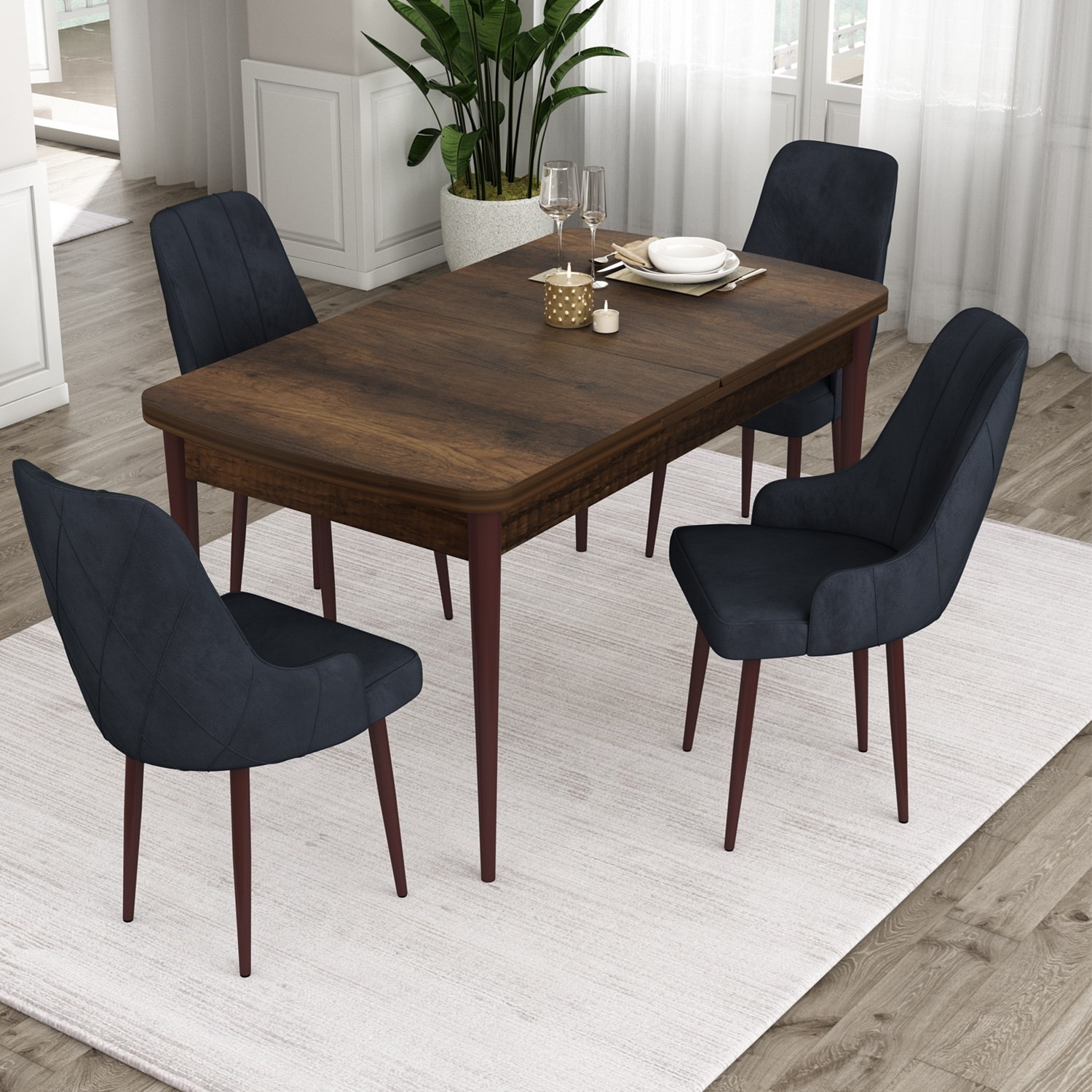 110000235442620.jpg Canisa Concept Ram Serisi, 80 x 132 cm Açılabilir Masa Takımı, Barok Ahşap Desen Masa 4 Sandalye - Görsel 1