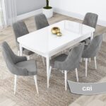 Canisa Concept Lia Serisi, 80 x 132 cm Açılabilir Mutfak Masa Takımı, Beyaz Masa 6 Sandalye