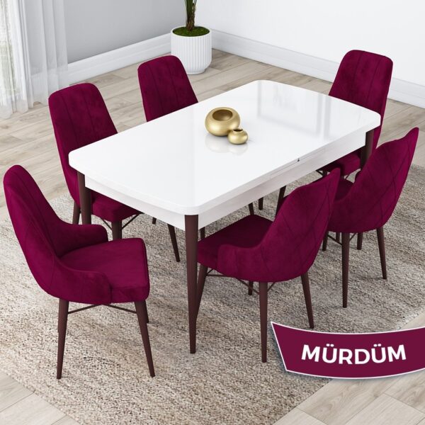 Canisa Concept Lia Serisi, 80 x 132 cm Açılabilir Mutfak Masa Takımı, Beyaz Masa Ceviz Ayak 6 Sandalye