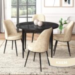 Canisa Concept Tor Serisi,  Yuvarlak Mutfak Masa Takımı, Siyah Mermer Desen Masa ve 4 Sandalye