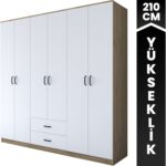 Rani BA111 Geniş Gardırop Elbise Dolabı 6 Kapaklı 2 Çekmeceli 6 Raflı 3 Askılı Sepet Ceviz - Beyaz - Görsel 3