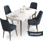Ahu Serisi 80 x 132 cm Açılabilir Masa Beyaz Masa Ceviz Ayak Mutfak Masa Takımı 4 Sandalye