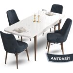 Ahu Serisi 80 x 132 cm Açılabilir Masa Beyaz Masa Ceviz Ayak Mutfak Masa Takımı 4 Sandalye - Görsel 2