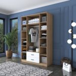 Rani BA112 Geniş Gardırop Elbise Dolabı 4 Kapaklı 2 Çekmeceli 13 Raflı 1 Askılı Sepet Ceviz - Beyaz - Görsel 5