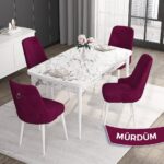 Canisa Concept Noa Serisi,80 x 132 cm Açılabilir Mdf Masa,beyaz Mermer Desen Mutfak Masa Takımı, 4 Sandalye Gümüş Halkalı