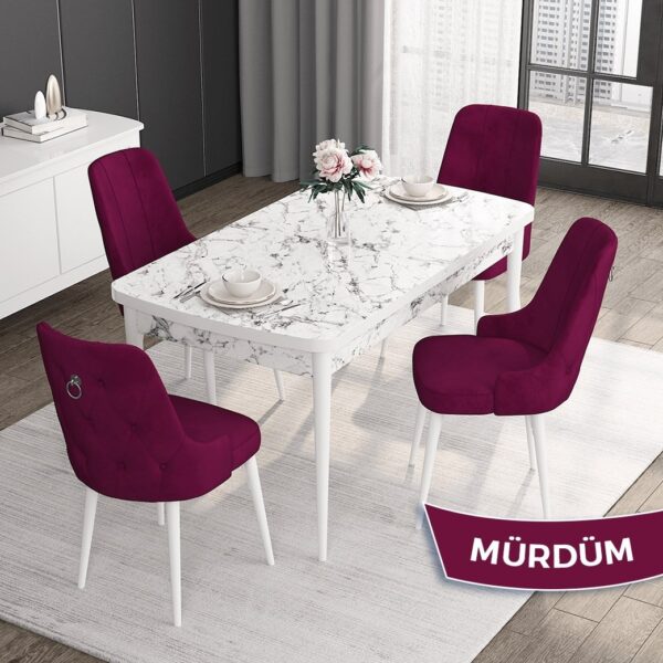 Canisa Concept Noa Serisi,80 x 132 cm Açılabilir Mdf Masa,beyaz Mermer Desen Mutfak Masa Takımı, 4 Sandalye Gümüş Halkalı