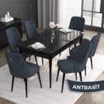 Canisa Concept Noa Serisi,80 x 132 cm Açılabilir Mdf Masa Takımı,siyah Mermer Desen Masa 6 Sandalye Gümüş Halkalı