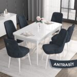 Canisa Concept Noa Serisi,80 x 132 cm Açılabilir Mdf Masa,beyaz Mutfak Masa Takımı,6 Sandalye Gümüş Halkalı