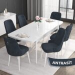 Canisa Concept Noa Serisi,80 x 132 cm Açılabilir Mdf Masa,beyaz Mutfak Masa Takımı,6 Sandalye Gümüş Halkalı - Görsel 2