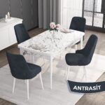Canisa Concept Roy Serisi,80 x 132 cm Açılabilir Mdf Masa,beyaz Mermer Desen Mutfak Masa Takımı, 4 Sandalye