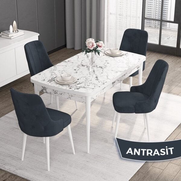 Canisa Concept Roy Serisi,80 x 132 cm Açılabilir Mdf Masa,beyaz Mermer Desen Mutfak Masa Takımı, 4 Sandalye