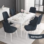 Roy Serisi,80 x 132 cm Açılabilir Mdf Masa,beyaz Mermer Desen Mutfak Masa Takımı, 6 Sandalye