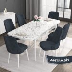 Roy Serisi,80 x 132 cm Açılabilir Mdf Masa,beyaz Mermer Desen Mutfak Masa Takımı, 6 Sandalye - Görsel 2