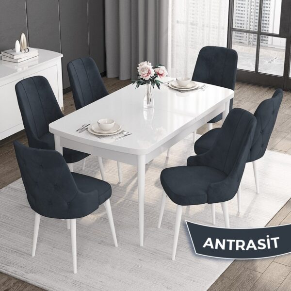 Canisa Concept Roy Serisi,80 x 132 cm Açılabilir Mdf Masa,beyaz Mutfak Masa Takımı,6 Sandalye