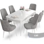 Canisa Concept Nev Serisi 80 x 132 cm Açılabilir Beyaz Mutfak Masa Takımı 6 Sandalye Gold Halkalı