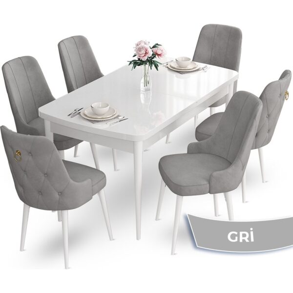 Canisa Concept Nev Serisi 80 x 132 cm Açılabilir Beyaz Mutfak Masa Takımı 6 Sandalye Gold Halkalı