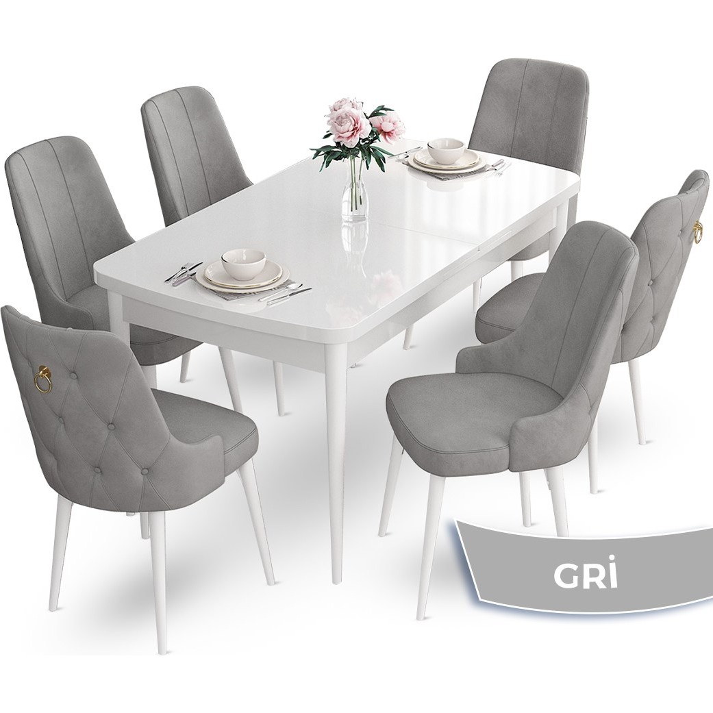 110000258787372.jpg Canisa Concept Nev Serisi 80 x 132 cm Açılabilir Beyaz Mutfak Masa Takımı 6 Sandalye Gold Halkalı - Görsel 1