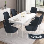 Are Serisi  80 x 132 cm Açılabilir Mdf Masa  Beyaz Mutfak Masa Takımı  6 Sandalye Gümüş Halkalı